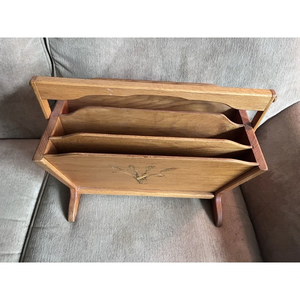 Vintage Oak Wooden Magazine Rack With Handle Adjustable Wheat Design